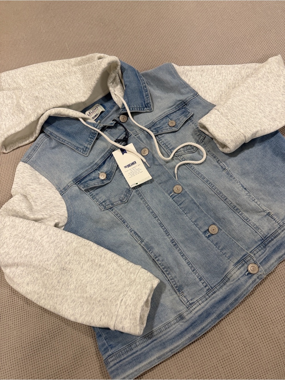 Wallflower Light Blue Denim Jacket with Heather Gray Hooded Sleeves